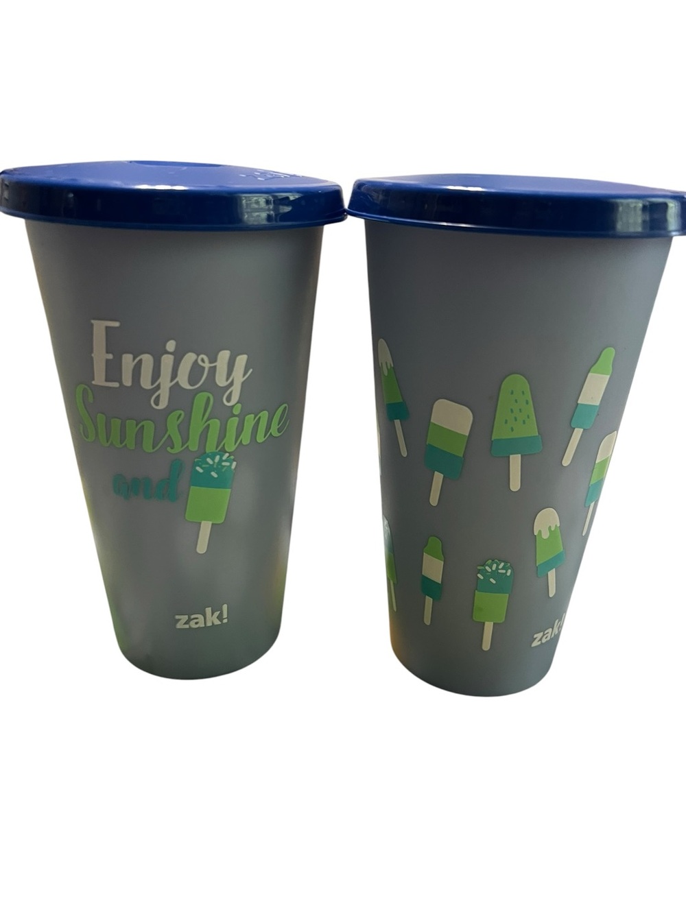 zak! Gray & Blue Popsicle Reusable Tumblers with Lid - Enjoy Sunshine - Set of 2